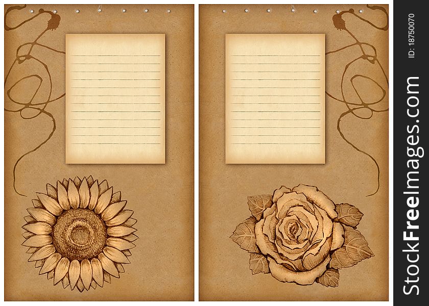 Background with pencil drawing of rose and sunflower. Background with pencil drawing of rose and sunflower