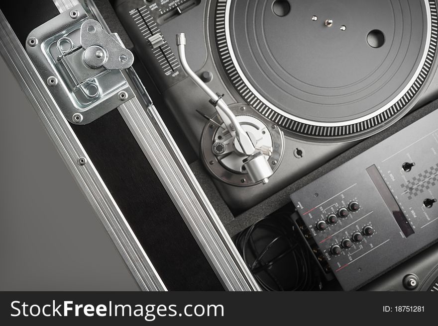 Turntables set up in flight case