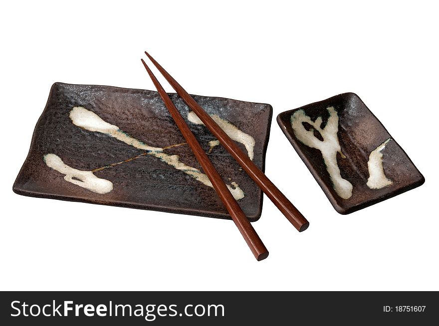 Isolated brown sushi set with chopsticks without shadow