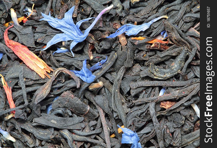 Leaves of the flavored black tea closeup