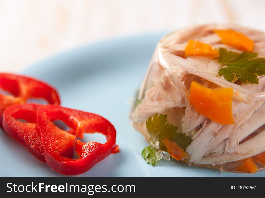 Starter of chicken with vegetables in jelly. Starter of chicken with vegetables in jelly