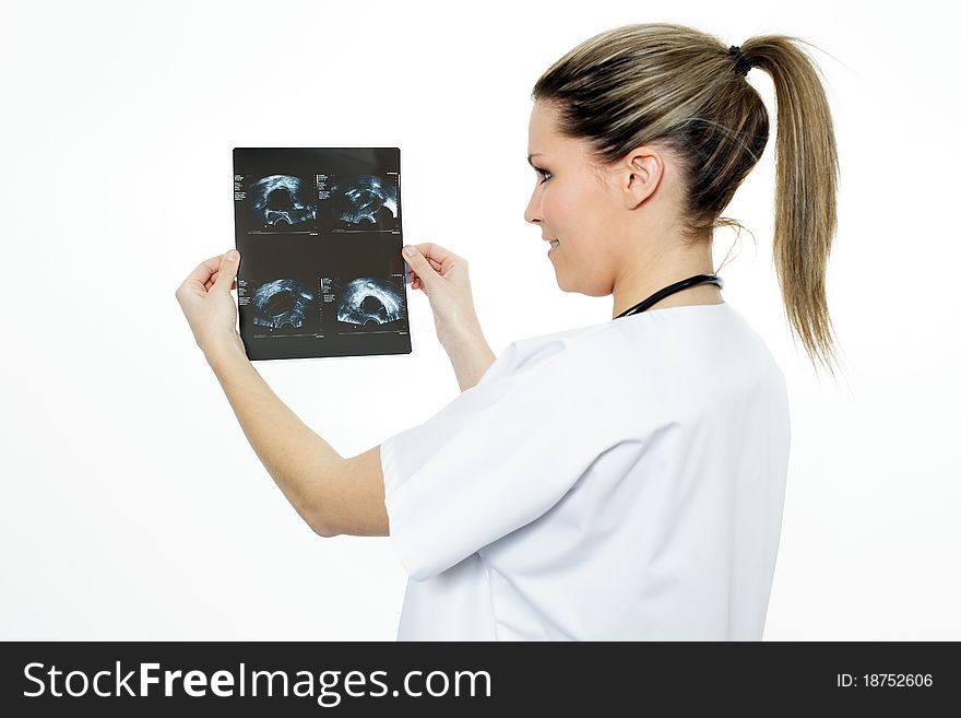 Beautiful radiologist woman in action
