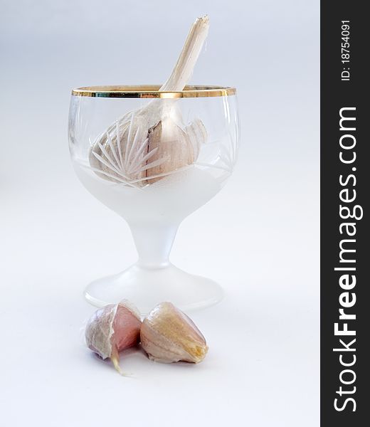 Head and the cloves of garlic in the glass isolated on white