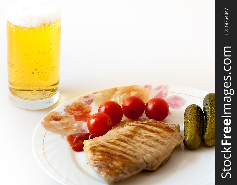 Grill meat with beer on white background