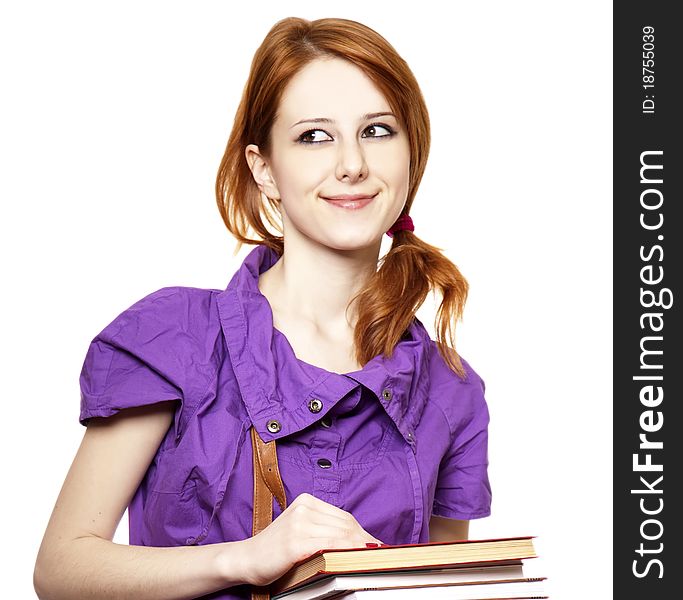 Red-haired Girl Keep Book In Hand.