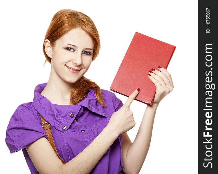 Red-haired Girl Keep Book In Hand.