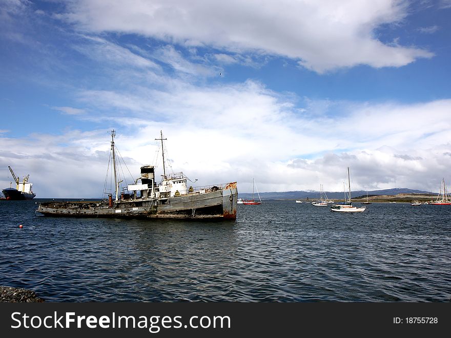 Old shipo in Ushuaia Harbour, Argentina