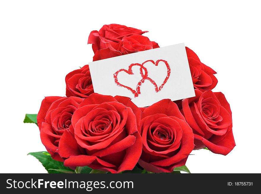 Paper card and roses isolated on white background