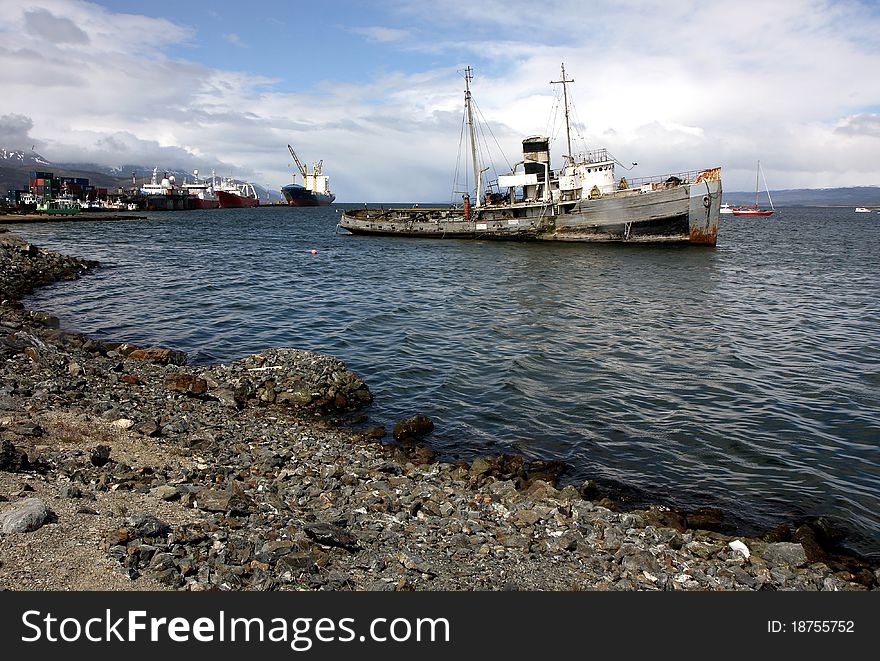 Old ship in Ushuaia Harbour, Argentina