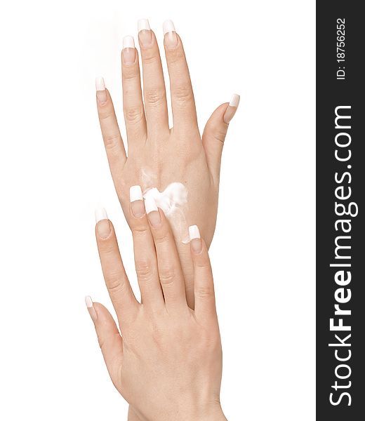 Gesturing of woman hand. Skin-care. Female arms. Gesturing of woman hand. Skin-care. Female arms