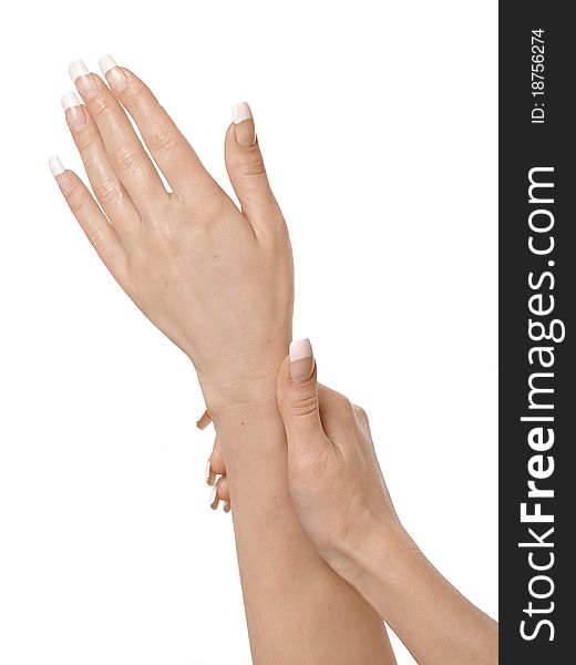 Gesturing of woman hand. Skin-care. Female arms. Gesturing of woman hand. Skin-care. Female arms