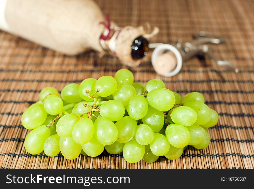 Grapes with bottle and cork. Grapes with bottle and cork