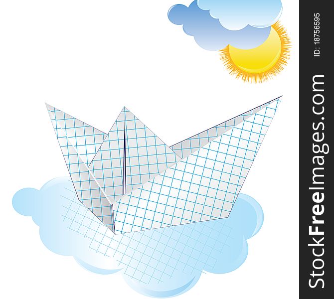 Boat paper ship with sun and cloud. Origami illustration.