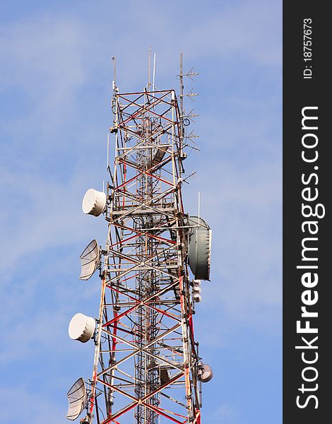 Broadcaster or transmitter tower with telecommunication satelites. Broadcaster or transmitter tower with telecommunication satelites