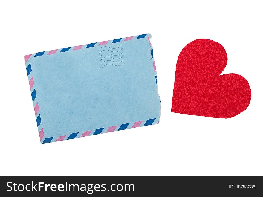 Envelope and red heart on white background