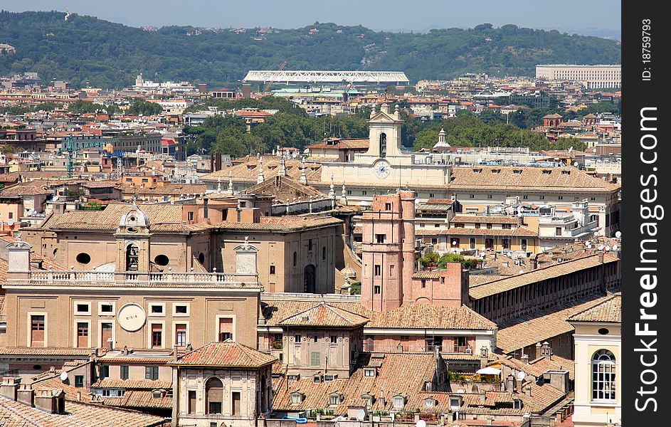 View of panorama Rome, Italy, skyline from Vittorio Emanuele, Piazza Venezia