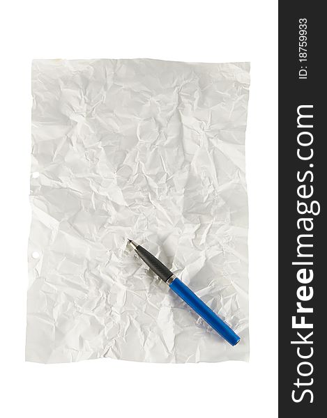 Crushed Paper with pen isolated on a white background