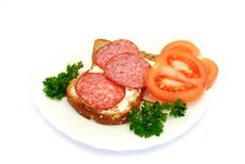 Breakfast With Bread, Tomatoes, Parsley, Salami Stock Images Breakfast With Bread, Tomatoes, Parsley, Salami Stock Images