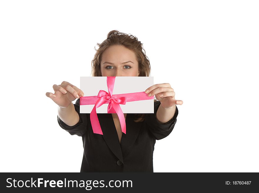 Young woman with a greeting card. Young woman with a greeting card.