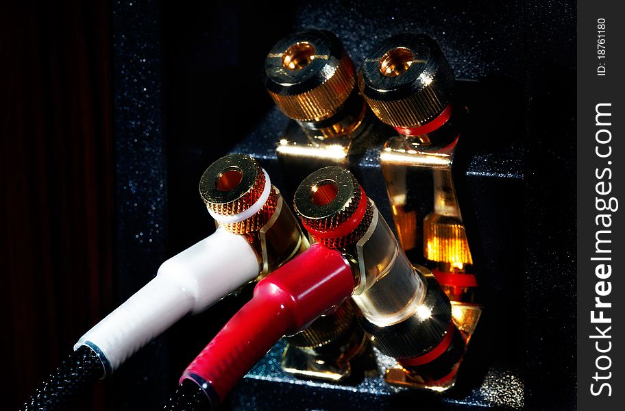 Gold plated connectors on the back of a hi-fi loudspeaker. Gold plated connectors on the back of a hi-fi loudspeaker