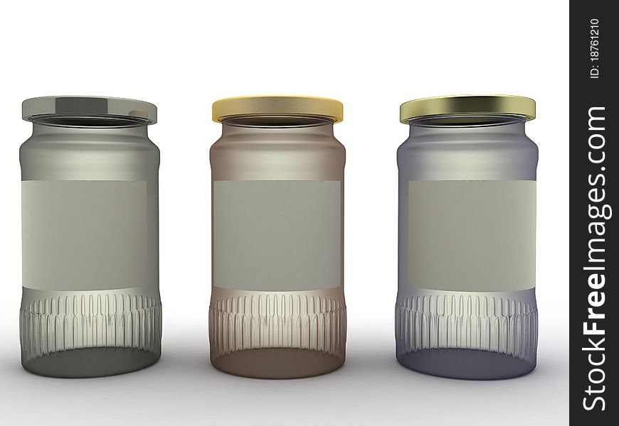 Three jars of different glasses and different caps on a white background â„–1. Three jars of different glasses and different caps on a white background â„–1