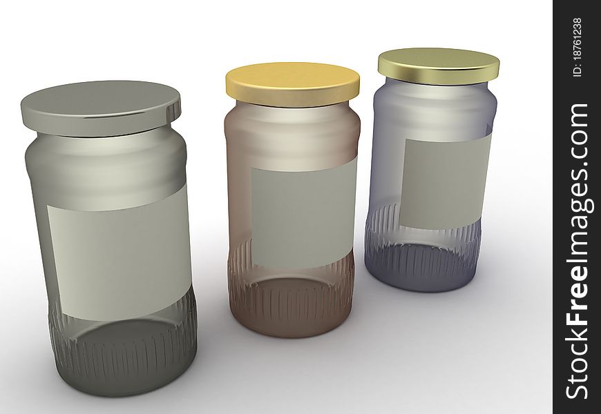 Three jars of different glasses and different caps on a white background â„–3. Three jars of different glasses and different caps on a white background â„–3