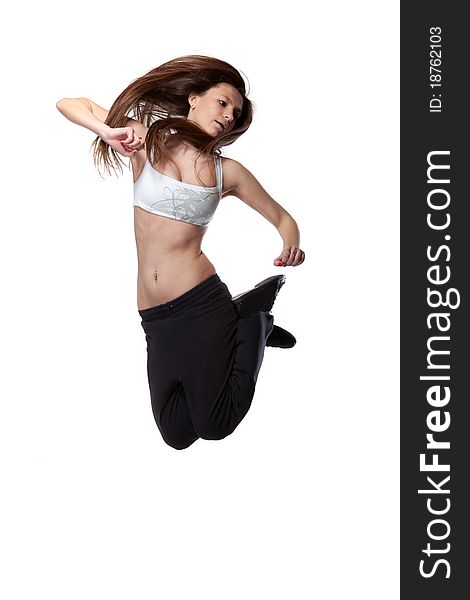 Attractive Jumping Woman On White