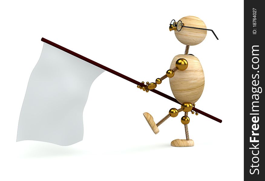 3d wood man is carrying flag on white