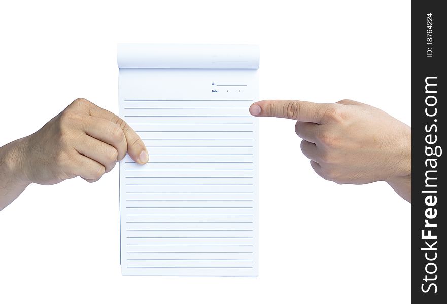 Hand holding a blank notebook over white background. Hand holding a blank notebook over white background