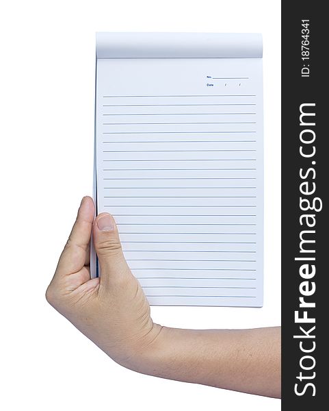 Hand holding a blank notebook over white background. Hand holding a blank notebook over white background