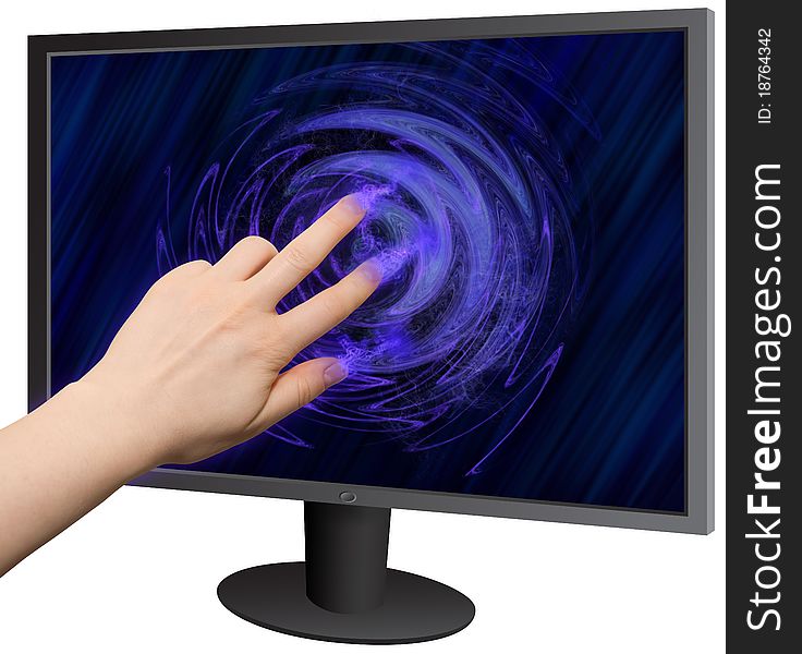 Hand getting a virtual connection to flat screen monitor. Hand getting a virtual connection to flat screen monitor