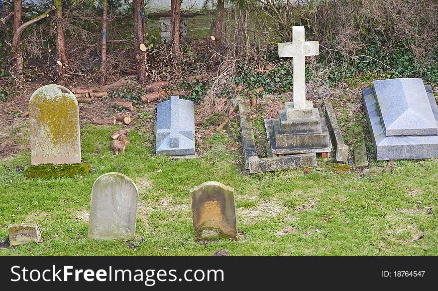 Aerial view of headstones in a church cemetery. Aerial view of headstones in a church cemetery