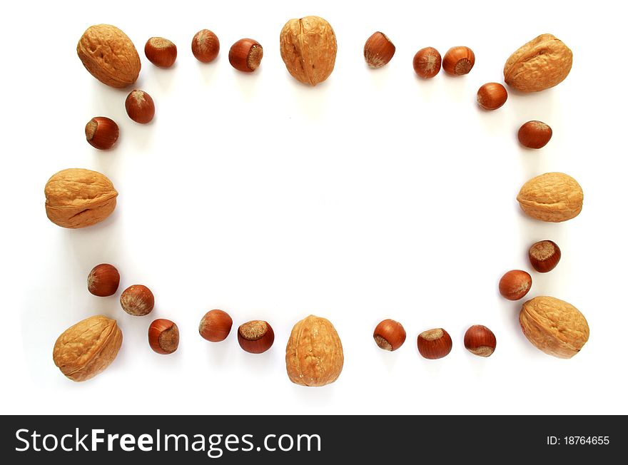 Nuts photo frame isolated on white background