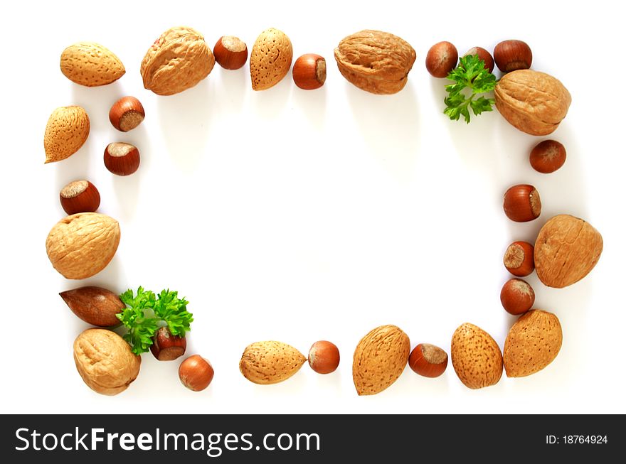 Nuts photo frame isolated on white background