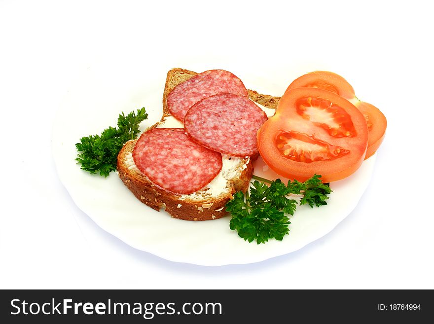 Breakfast With Bread, Tomatoes, Parsley, Salami