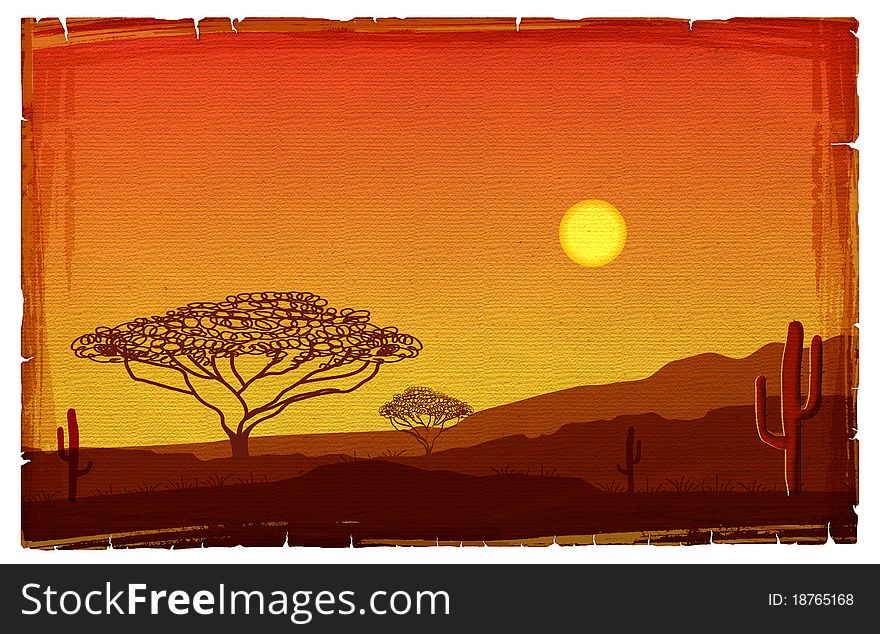 African sunset illustration on old paper texture.Savanna background