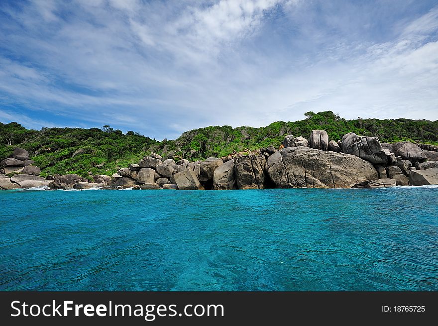 Tropical desert island shore, view from boat. Tropical desert island shore, view from boat