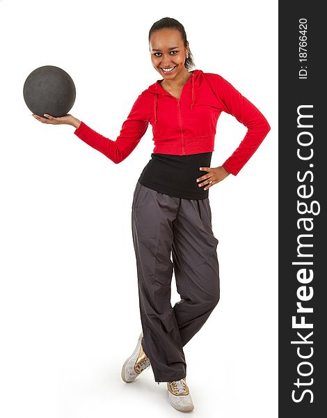 Athletic girl with a big gray ball. Athletic girl with a big gray ball