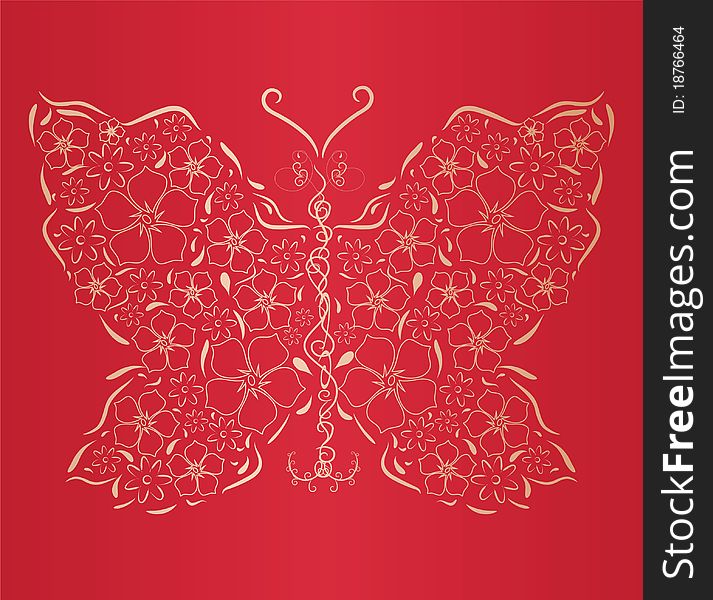 Figured gold butterfly on  red background. Vector illustration