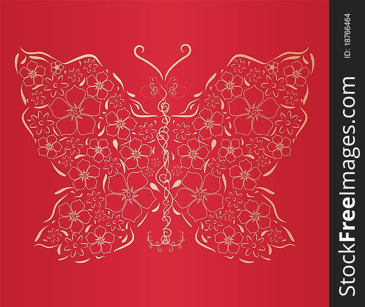 Figured Gold Butterfly On  Red Background