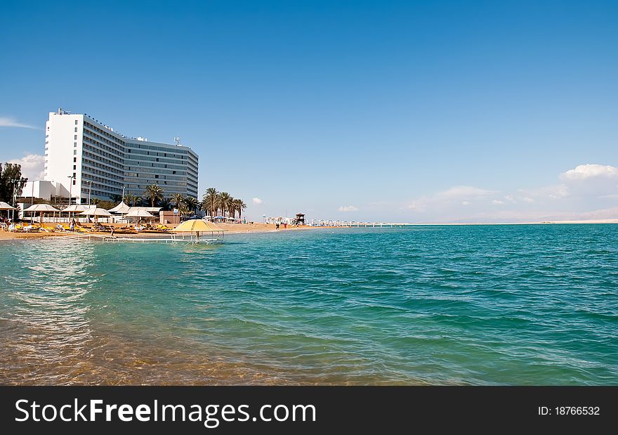 Dead-Sea beach and hotel landscape (Israel) . Dead-Sea beach and hotel landscape (Israel) .