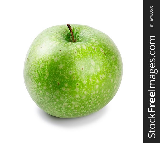 Ripe and juicy green apple a shank upwards isolated on a white background