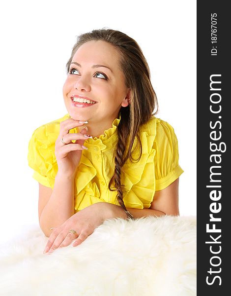 Girl In A Yellow Dress On Fur Clothing