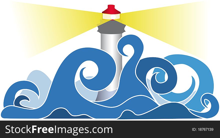 Illustration of lighthouse in stormy seas, sea like a beast