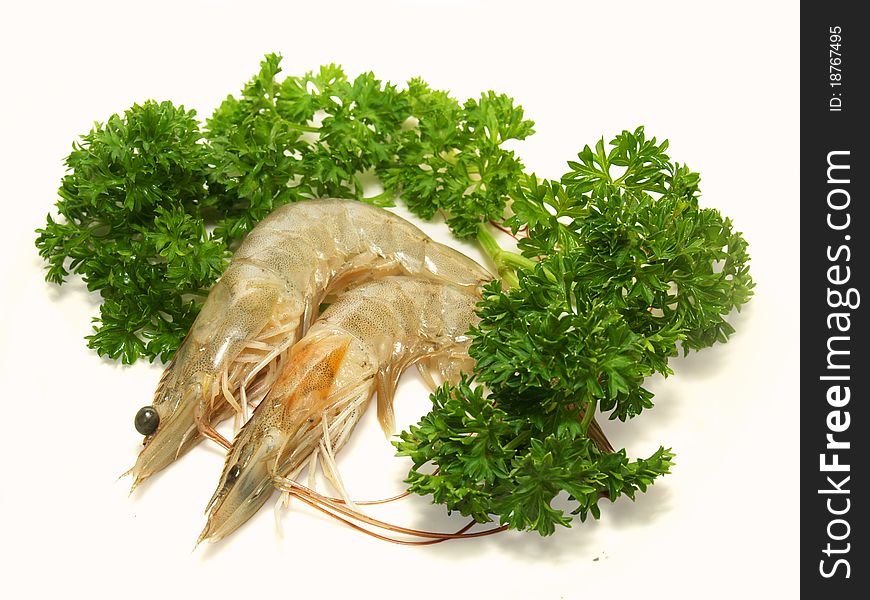 Uncooked shrimp with parsley, raw prawn cook seafood preparation. Uncooked shrimp with parsley, raw prawn cook seafood preparation