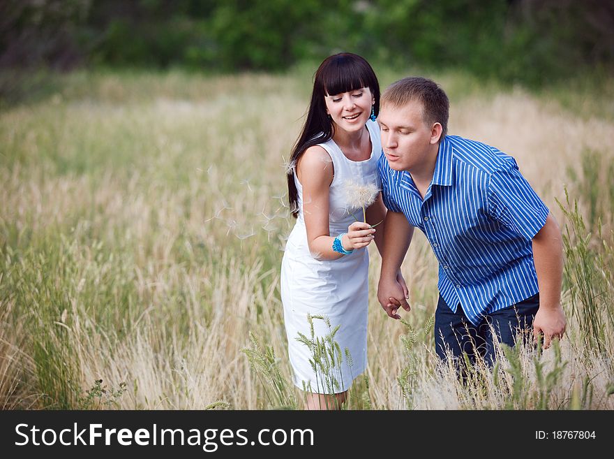 Couple blowing on the dandelion. Couple blowing on the dandelion