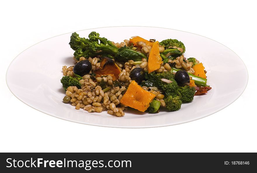 Cooked Pearl Barley with olives, squash and brocolli