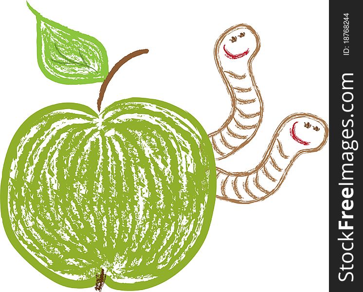 vector illustration of green apple and funny worms