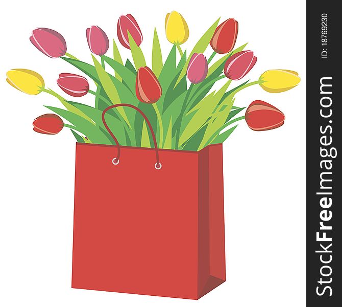 Bouquest of tulips flowers in the shopping bag. Bouquest of tulips flowers in the shopping bag