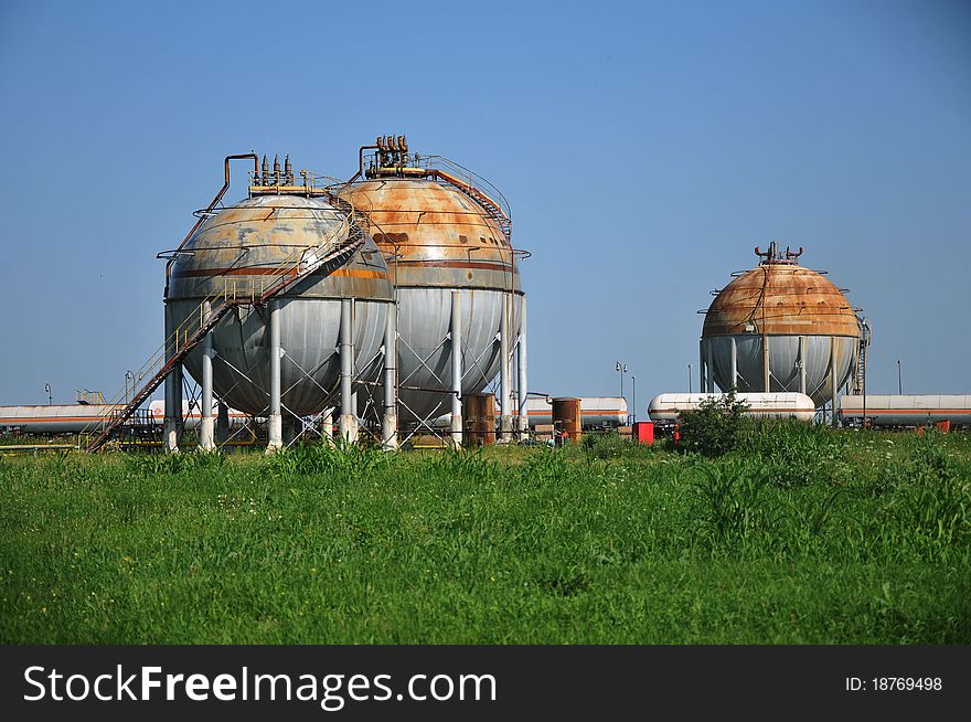 Tank wagons. spherical tank behind the petrochemical industry